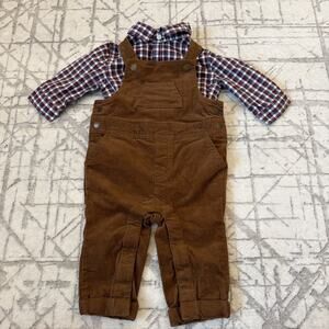 Janie And Jack Size 3-6 Months Baby Boys Brown Corduroy Overalls & Plaid Shirt